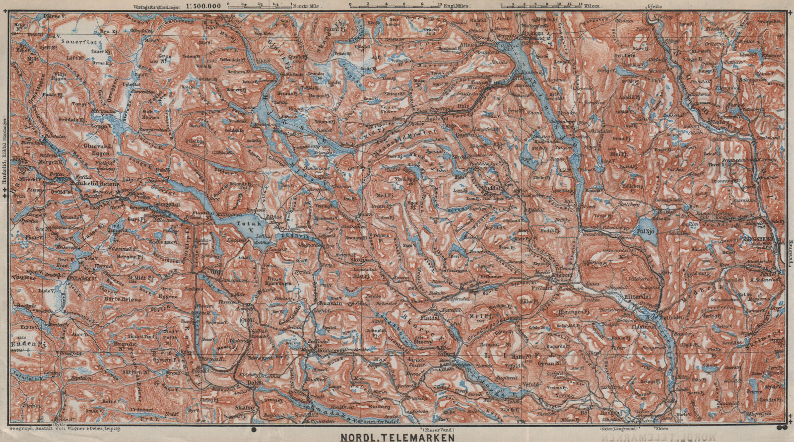 NORTH TELEMARKEN topo-map. Kongsberg Dalen Bakken. Norway kart 1912 old